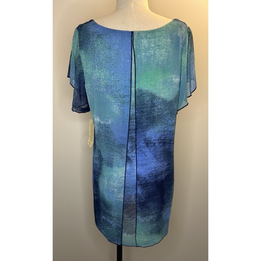 ONE WORLD Blue Sheer Short Sleeve Gemstones Round Neck Blouse Top Womens L - Picture 5 of 9